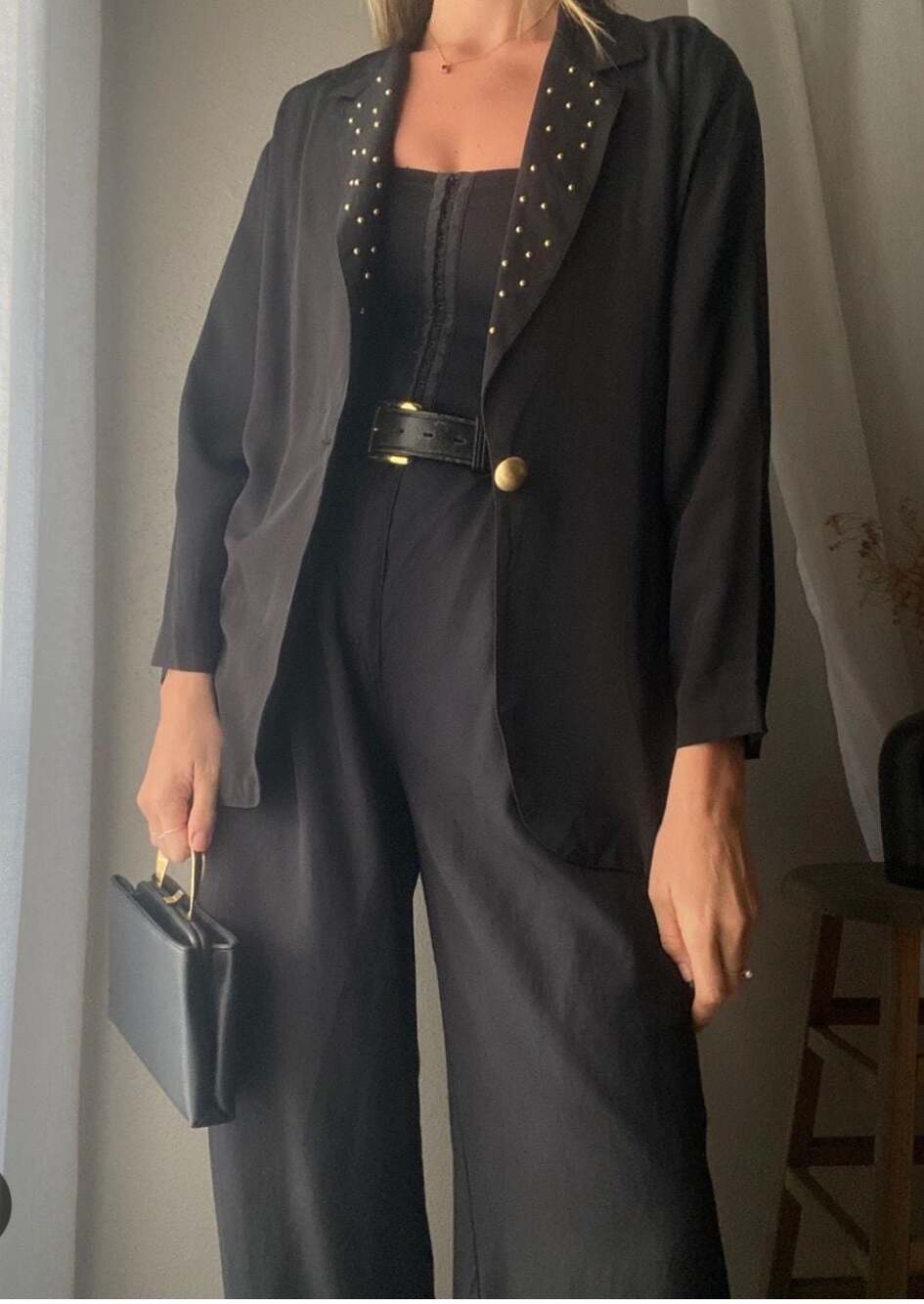 Greenwich Square Vintage 90s Black Oversized Blazer with Gold Studded Lapel